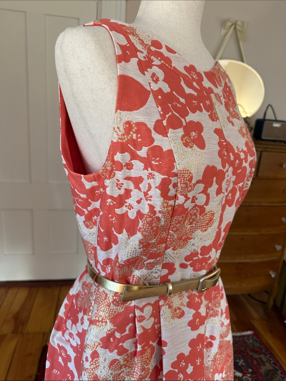 NWT Tahari Arthur Levine Retro Coral and Gold Brocade Cocktail Dress “Bonnie” - Picture 4 of 15